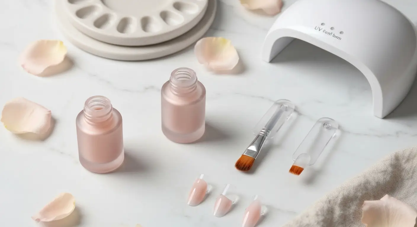 Dwie bazy do manicure hybrydowego - kauczukowa i budująca - przy lampie UV LED