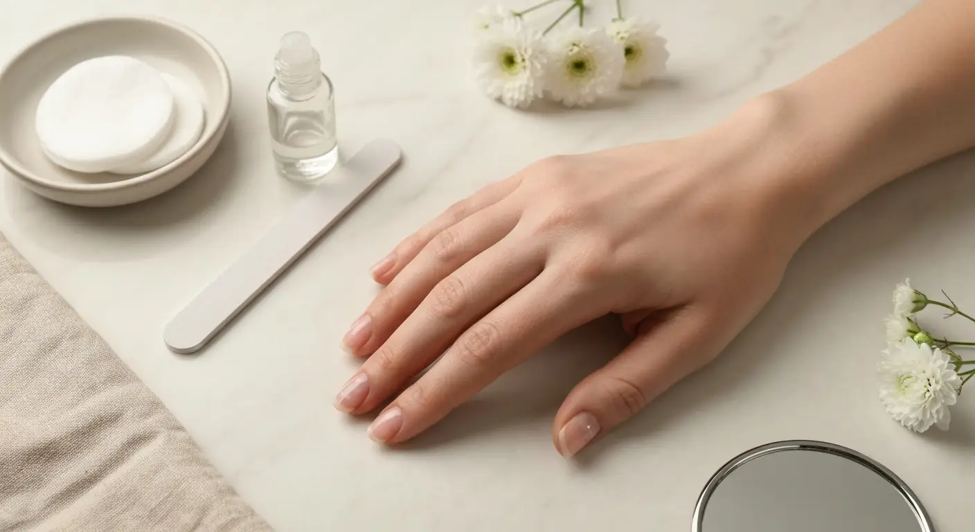 Naturalne paznokcie z drobnymi białymi plamkami na marmurowej toaletce z akcesoriami do manicure