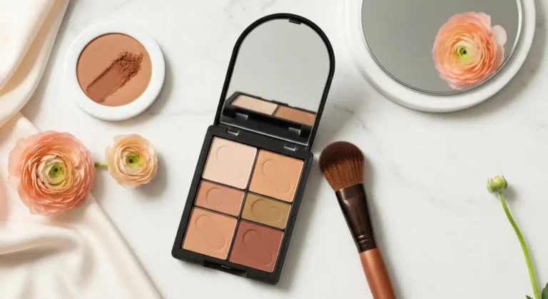 Paleta odcieni bronzera i pędzel na marmurowej toaletce