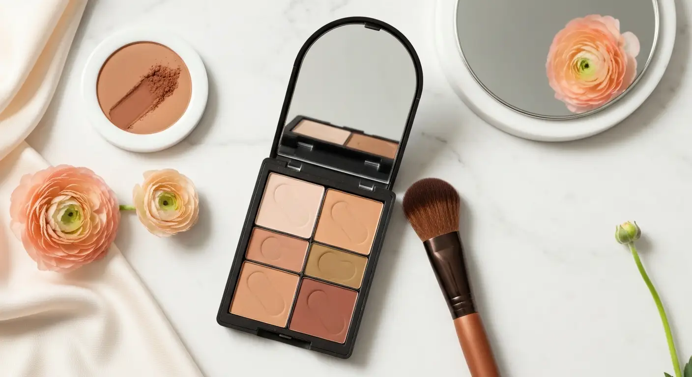 Paleta odcieni bronzera i pędzel na marmurowej toaletce