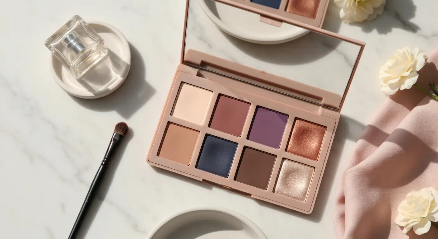 Paleta dziewięciu cieni do powiek z beżem, taupe, miedzią, śliwką i granatem na marmurowej toaletce