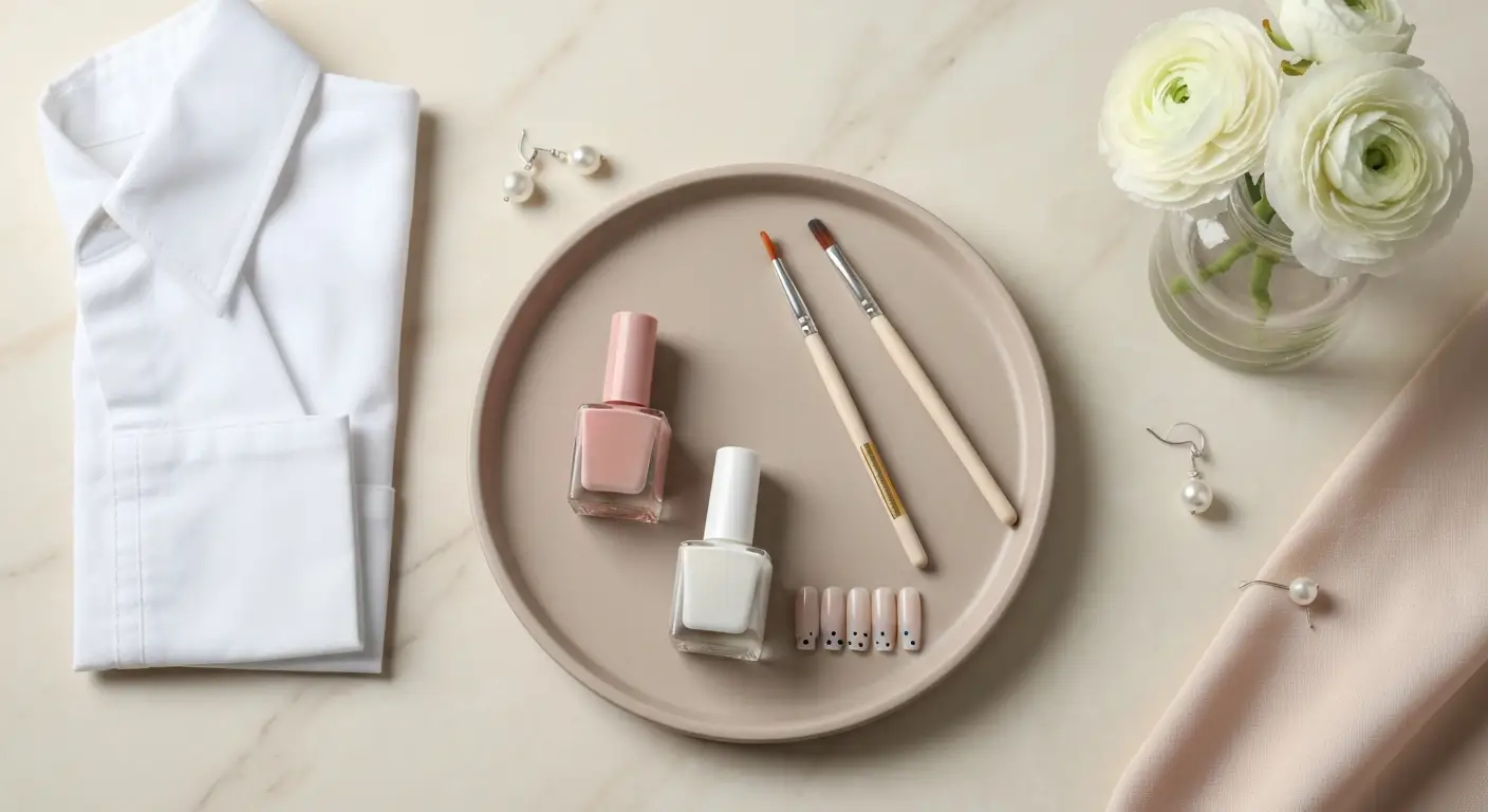 Subtelny manicure nude z micro french, złotą linią i drobnymi kropkami na marmurowej toaletce