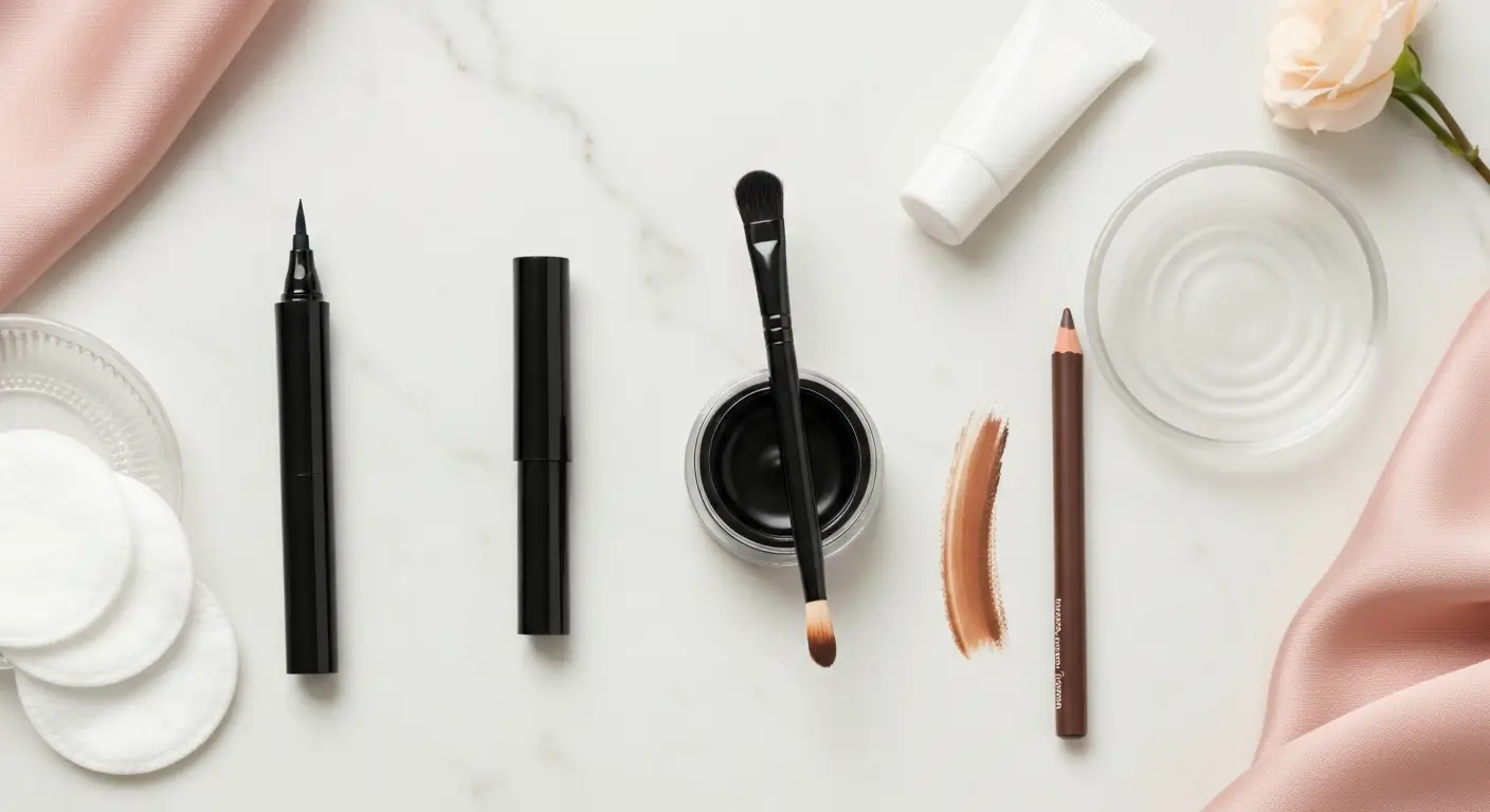Pisak, eyeliner żelowy z pędzelkiem i kredka do oczu na marmurowej toaletce