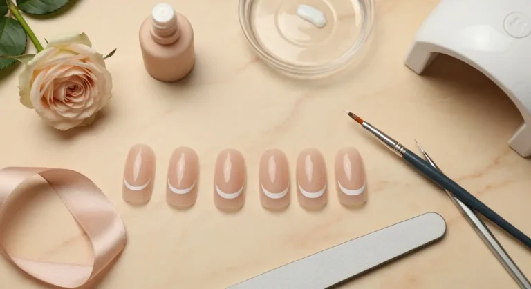 Akcesoria do french manicure z tipsami nude i cienką białą linią uśmiechu