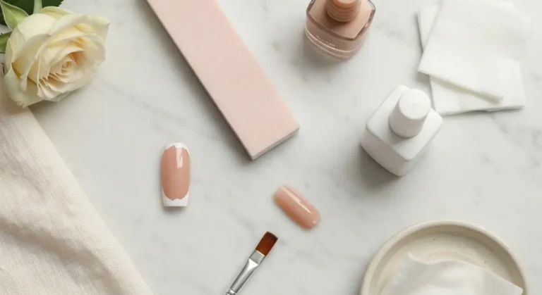 Stanowisko do poprawek french manicure z odpryskiem, pękniętym topem i narzędziami do wyrównania końcówki