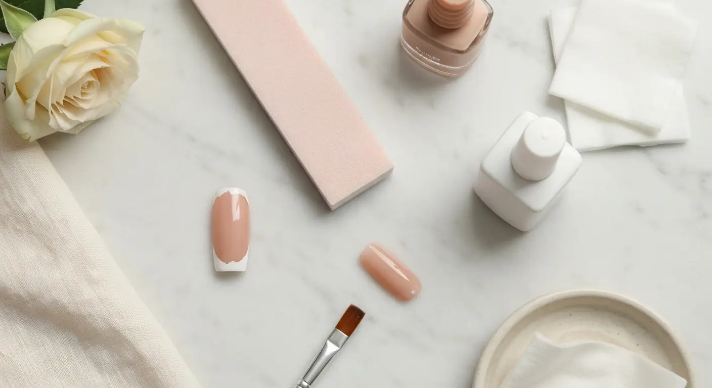 Stanowisko do poprawek french manicure z odpryskiem, pękniętym topem i narzędziami do wyrównania końcówki