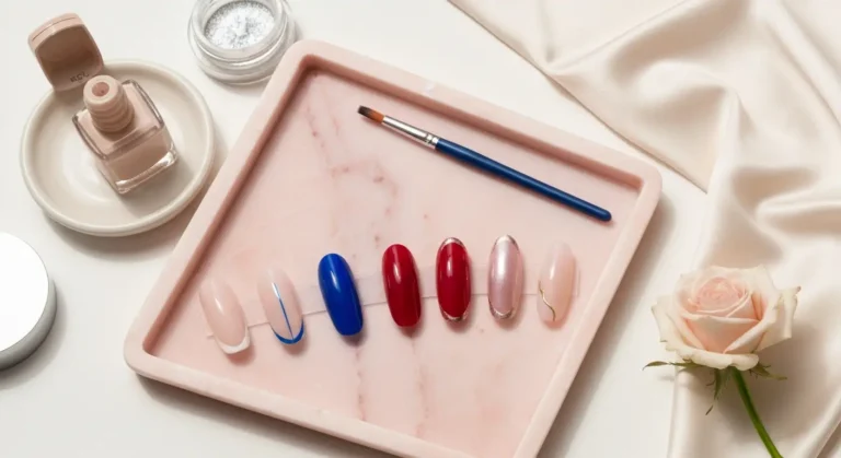 Próbki nowoczesnego french manicure z kolorowymi końcówkami, chromem i subtelnym zdobieniem