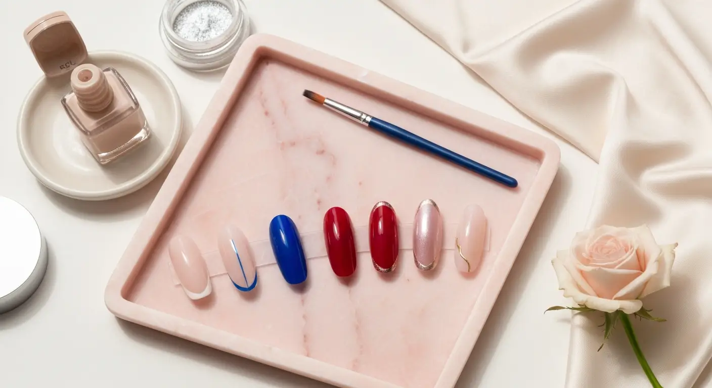 Próbki nowoczesnego french manicure z kolorowymi końcówkami, chromem i subtelnym zdobieniem