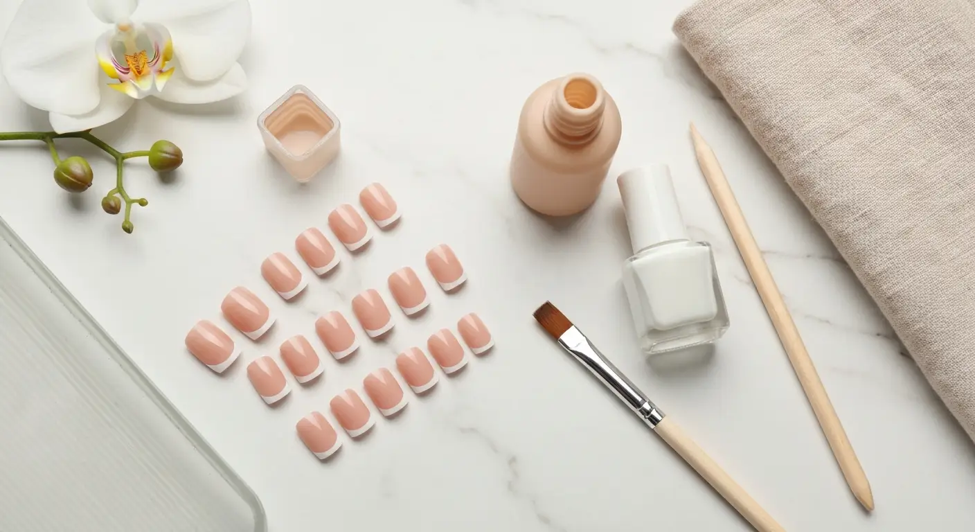 Akcesoria do french pedicure z cienką mlecznobiałą końcówką na krótkich paznokciach