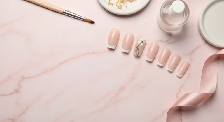 Próbki french manicure z delikatnym kwiatem i line artem na jasnym marmurowym blacie