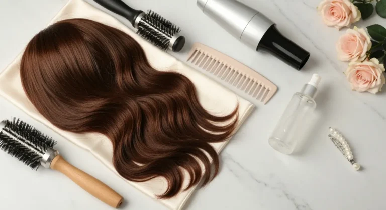 Akcesoria do modelowania włosów, pasma long bob z lekką grzywką i serum na marmurowej toaletce