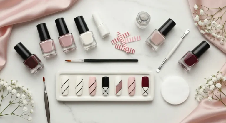 Narzędzia do geometrycznego manicure z pędzelkiem liner, taśmą i wzorami na palecie ćwiczeniowej