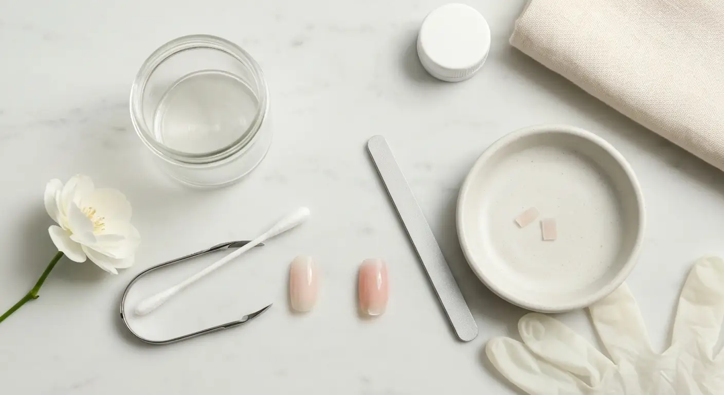 Narzędzia do oceny zmian na paznokciach dłoni i próbka zdjętego manicure hybrydowego