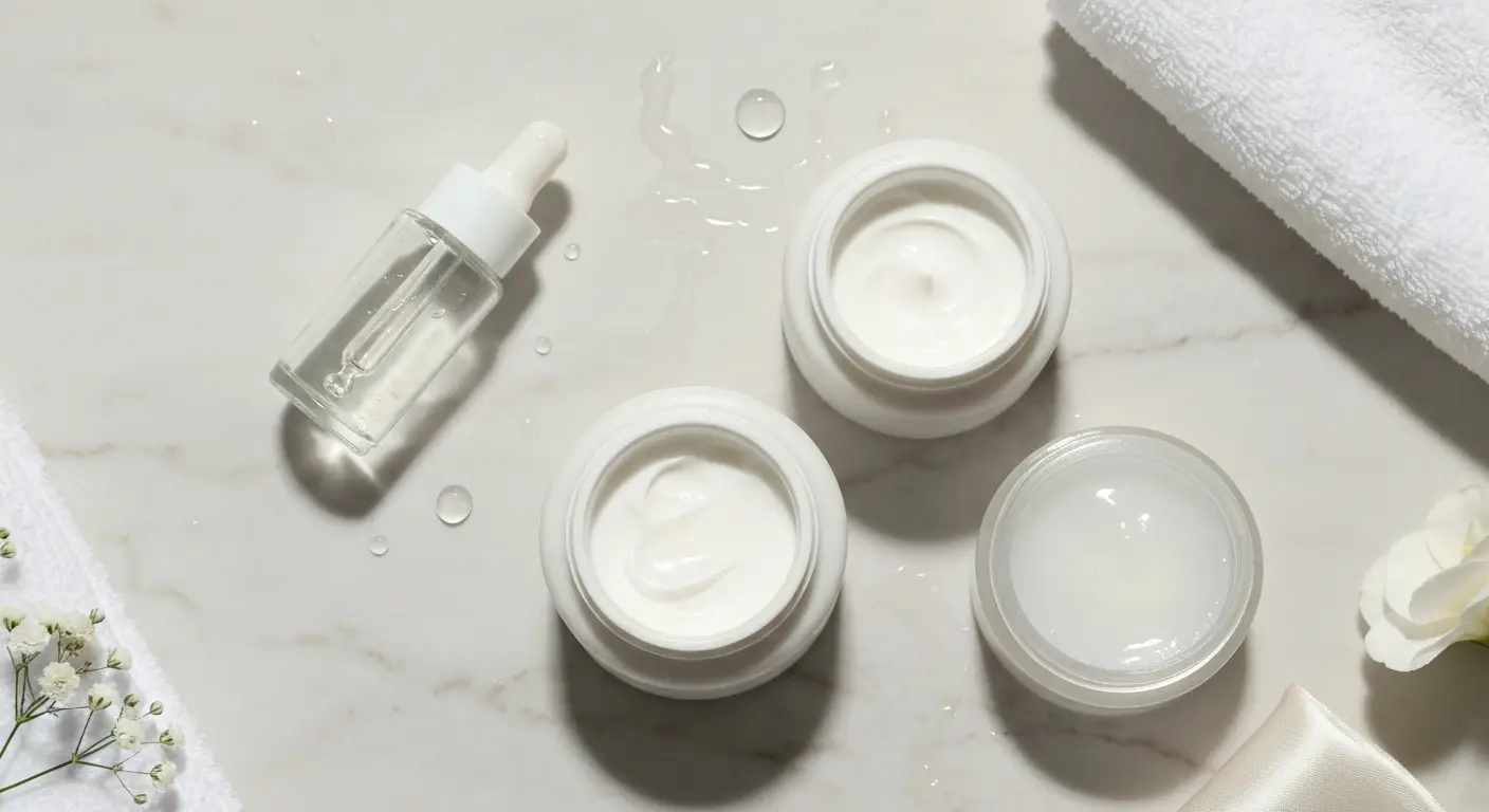 Trzy kosmetyki na marmurze: serum nawilżające, krem z ceramidami i wazelina kosmetyczna