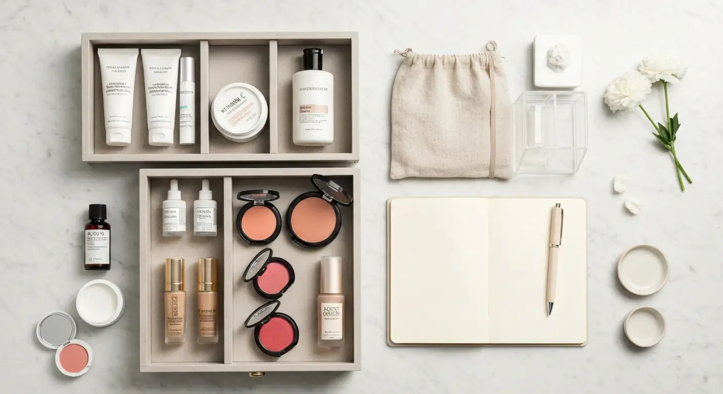 Uporządkowane serum, maski, filtry SPF i makijaż w organizerach na marmurowej toaletce