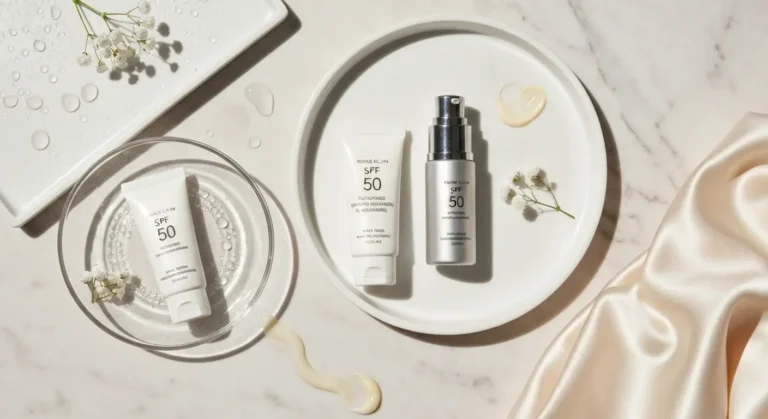 Koreańskie filtry SPF 50 do twarzy na marmurowej toaletce z lekką kremową formułą