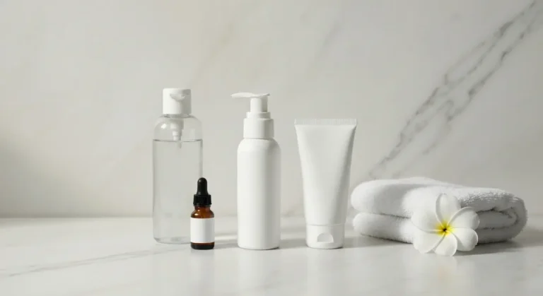 Prosta rutyna dla nastolatki z trądzikiem - żel, lekki krem, filtr SPF i serum na marmurowej toaletce