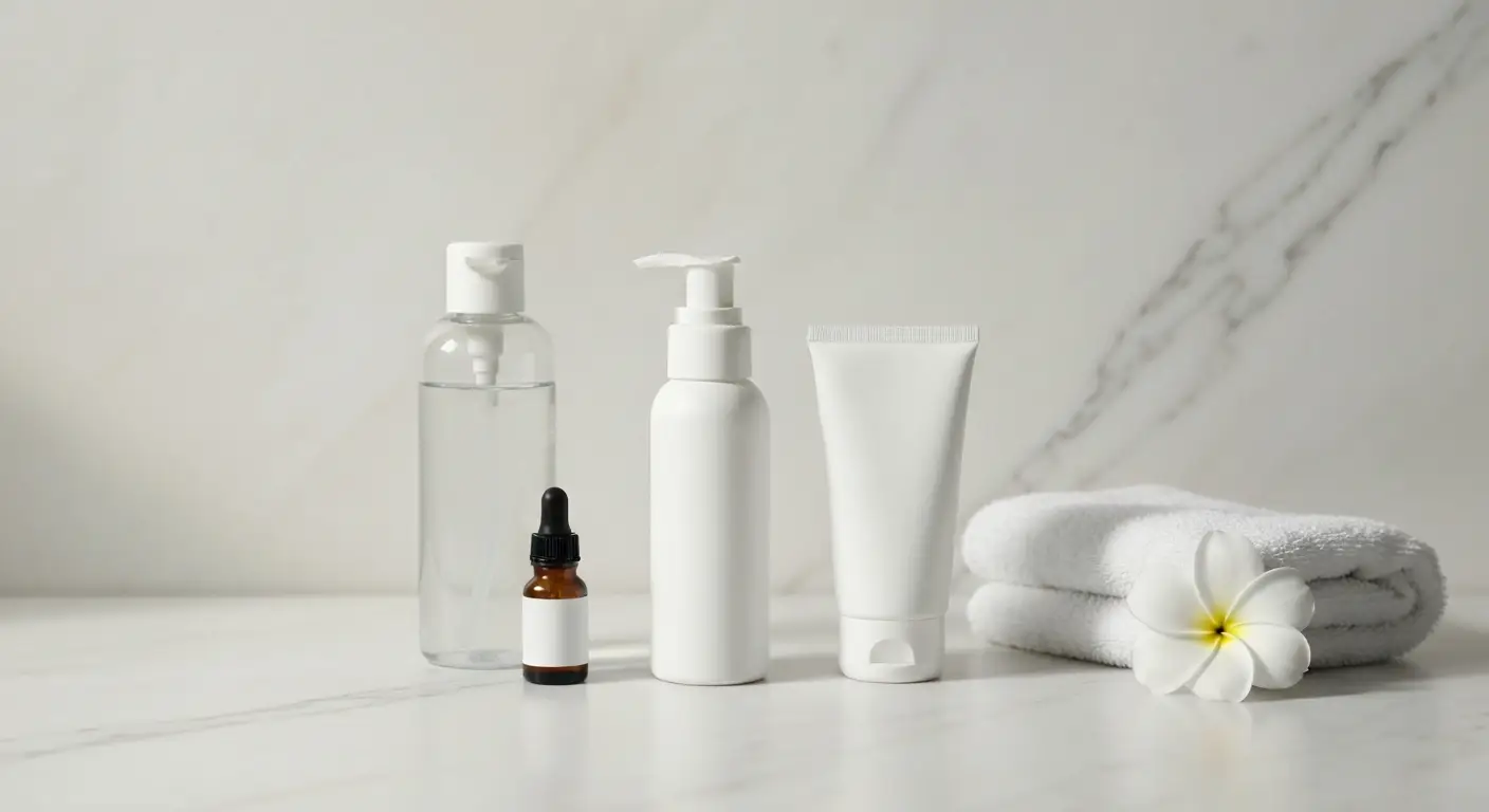 Prosta rutyna dla nastolatki z trądzikiem - żel, lekki krem, filtr SPF i serum na marmurowej toaletce