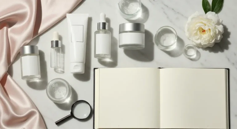 Kosmetyki do pielęgnacji, lupa i szklane serum na marmurowej toaletce