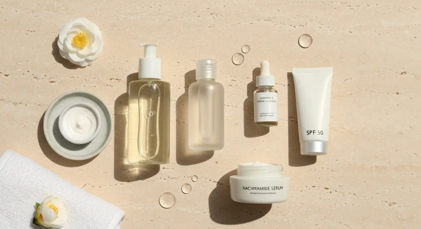 Prosta koreańska rutyna pielęgnacyjna z oczyszczaniem, tonikiem, serum, kremem i filtrem SPF