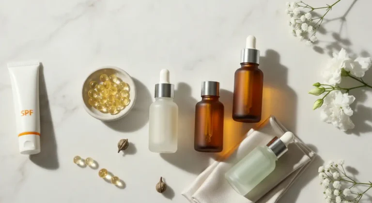 Koreańskie sera z retinolem, retinalem i bakuchiolem oraz krem SPF na marmurowej toaletce
