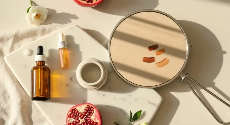 Naturalne serum, krem z ekstraktem roślinnym i filtr SPF na marmurowej toaletce