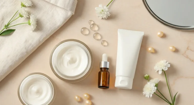 Krem do twarzy, serum i filtr SPF na jasnym marmurowym stoliku kosmetycznym