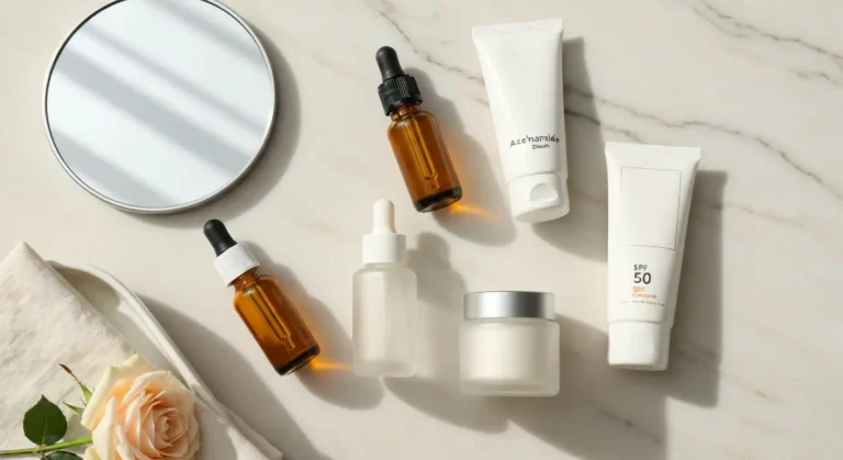Kosmetyki z witaminą C, kwasem azelainowym, niacynamidem, retinoidem i filtrem SPF na marmurze