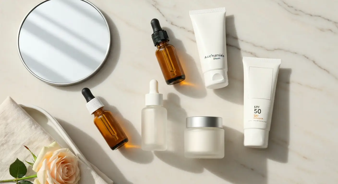 Kosmetyki z witaminą C, kwasem azelainowym, niacynamidem, retinoidem i filtrem SPF na marmurze