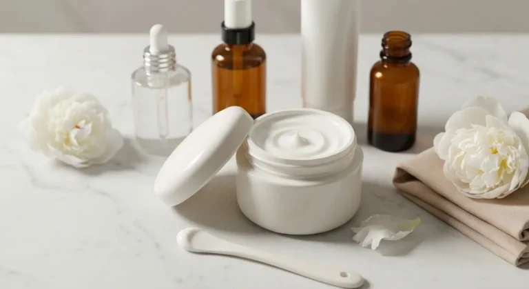 Krem z ceramidami, serum, retinol i filtr SPF na marmurowej toaletce