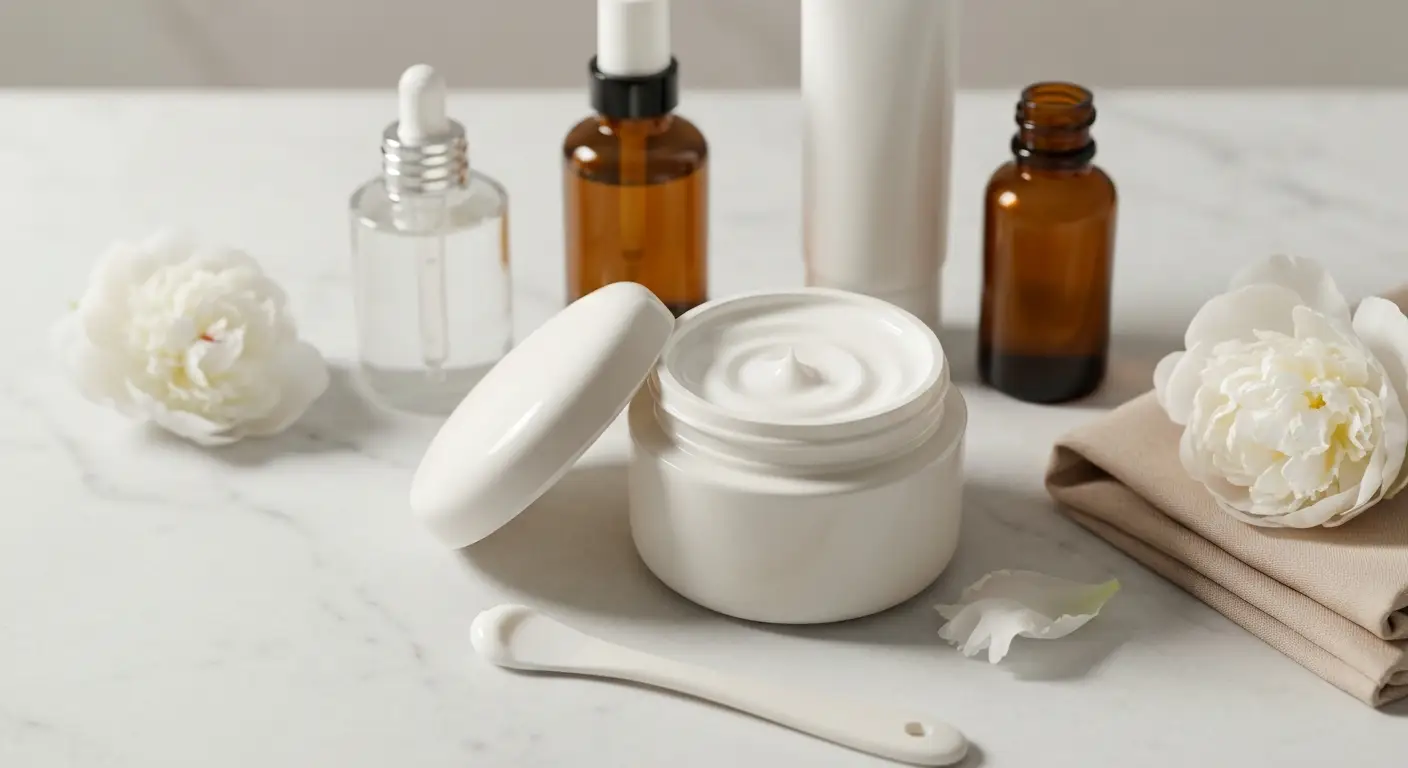 Krem z ceramidami, serum, retinol i filtr SPF na marmurowej toaletce