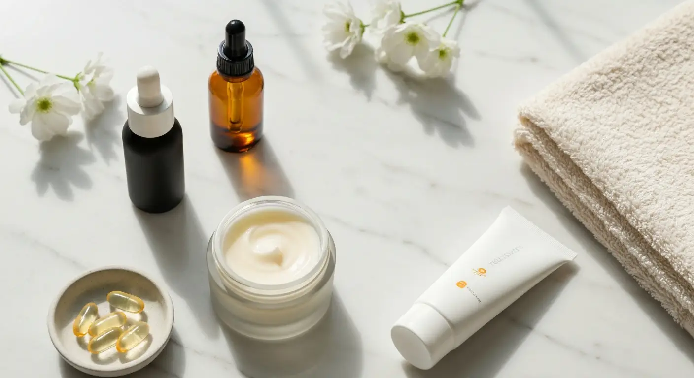 Krem z ceramidami z serum, retinolem i filtrem SPF na jasnym marmurowym blacie