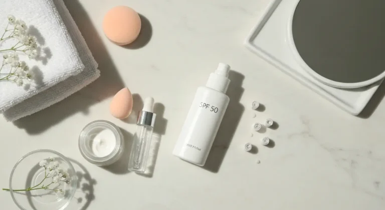 Butelka SPF, serum i drobne grudki rolującego się kosmetyku na marmurowej toaletce