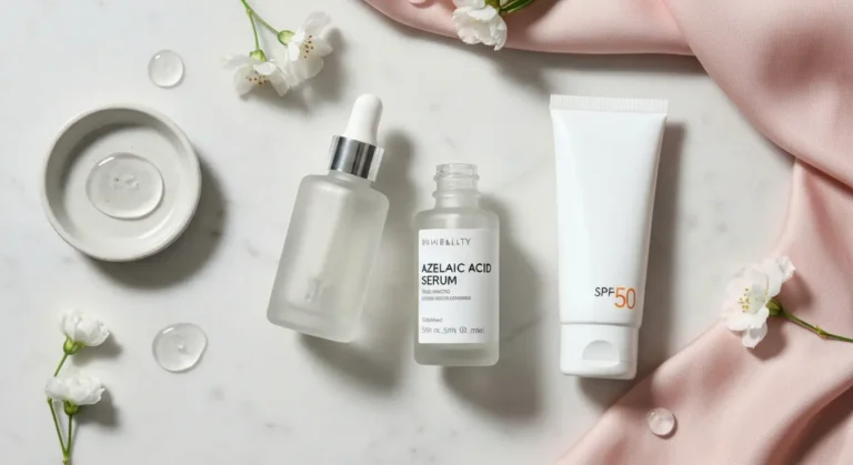 Serum z kwasem azelainowym i krem z filtrem SPF na marmurowej toaletce