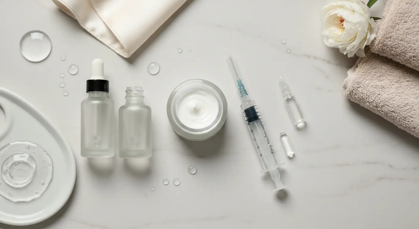 Serum z kwasem hialuronowym, krem i strzykawka z wypełniaczem na marmurowej toaletce