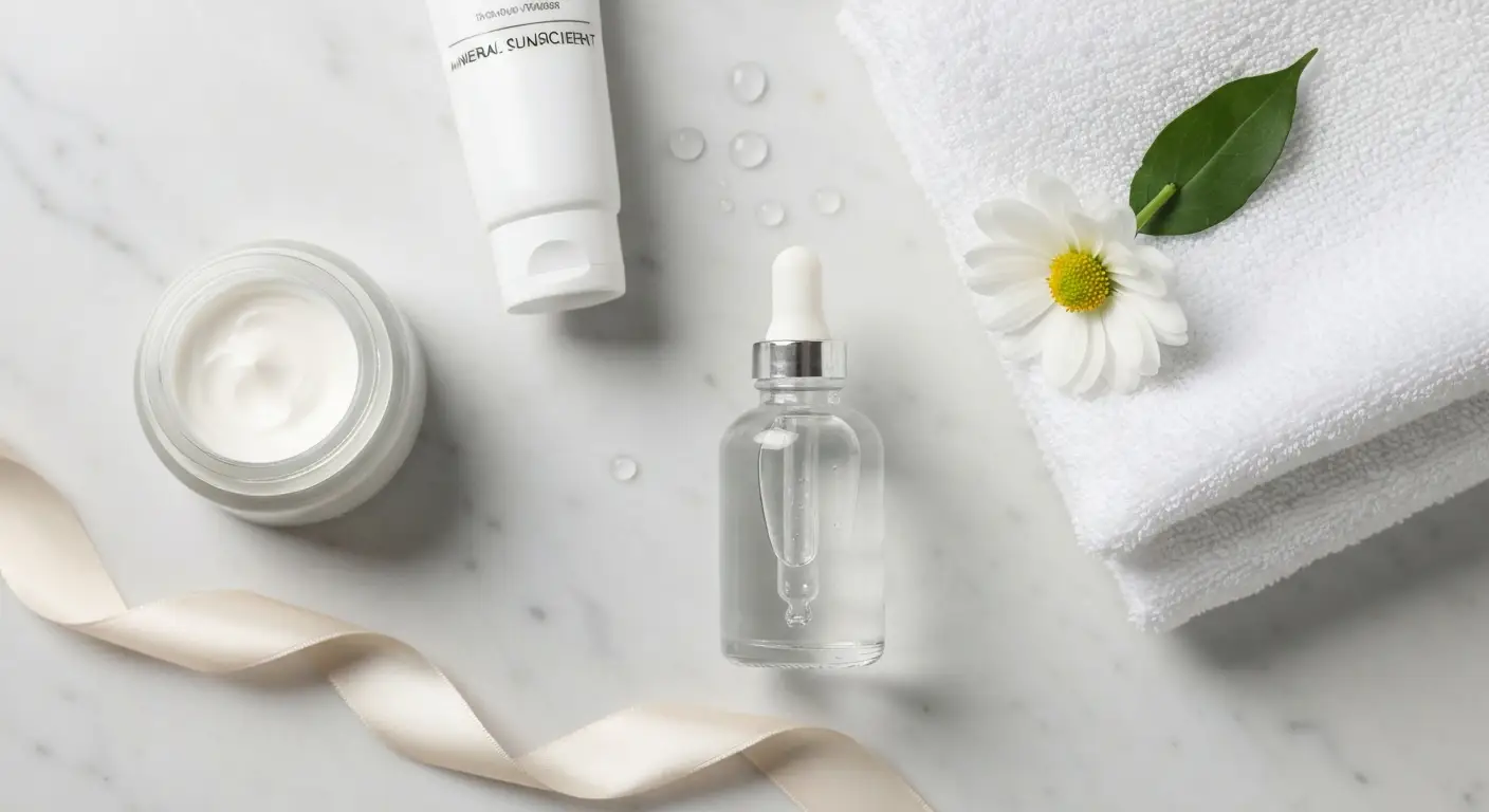Serum z kwasem hialuronowym, krem nawilżający i filtr SPF na jasnej marmurowej toaletce