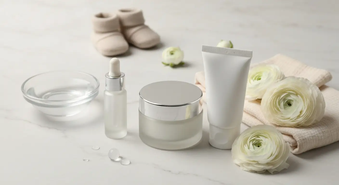 Serum z kwasem hialuronowym, krem z ceramidami i SPF na marmurowej toaletce