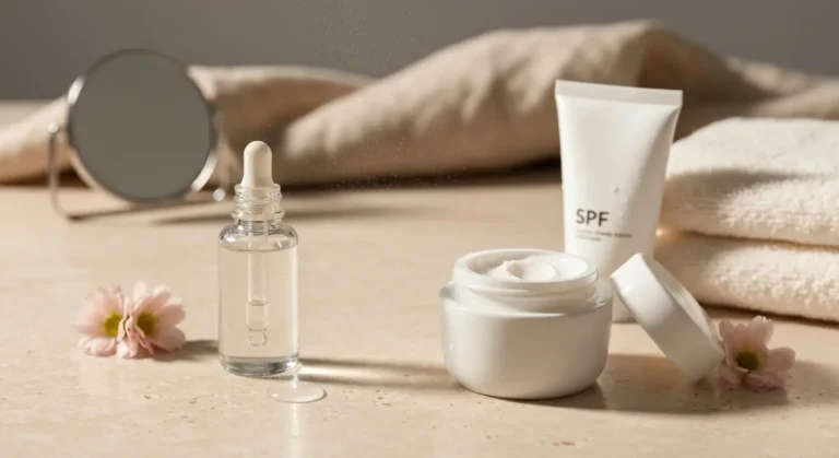 Serum z kwasem hialuronowym, krem i SPF na jasnej kamiennej toaletce