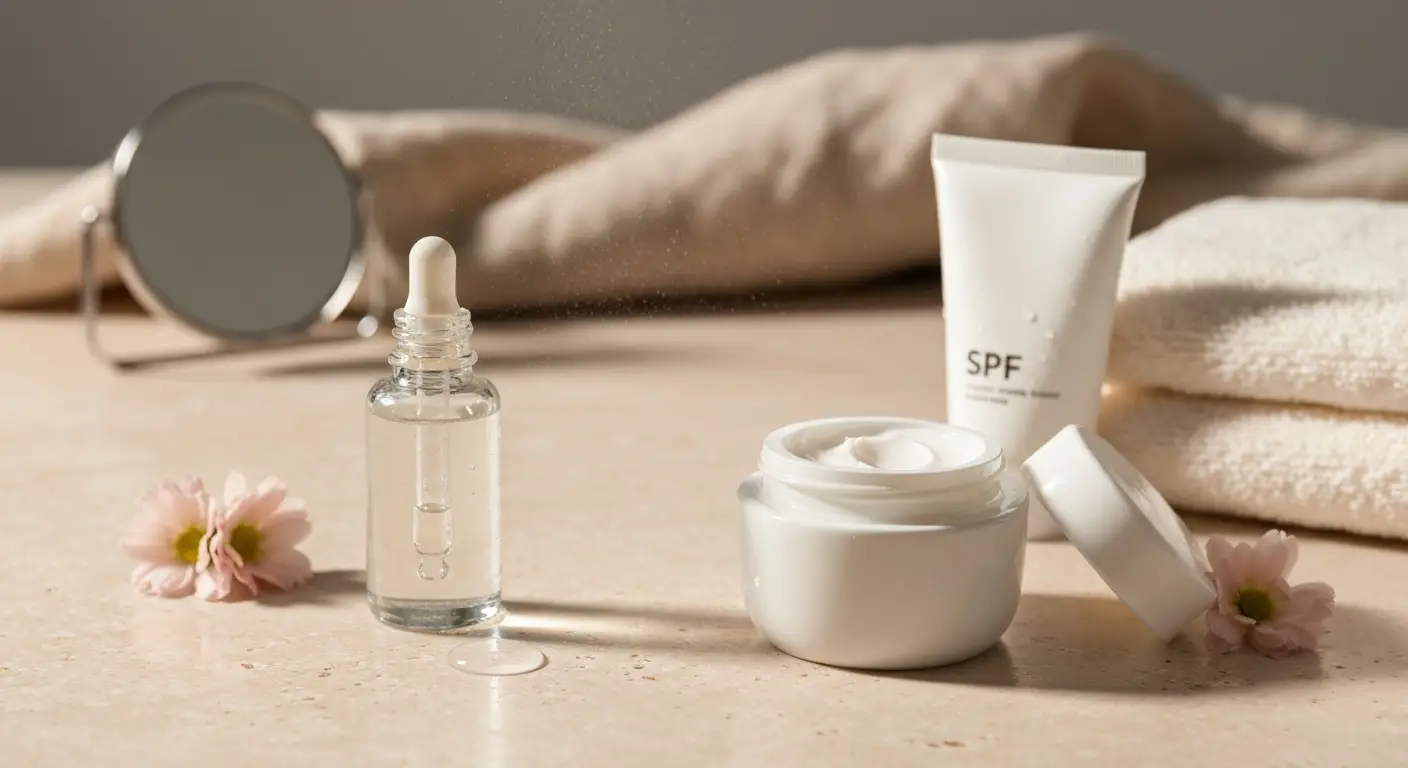 Serum z kwasem hialuronowym, krem i SPF na jasnej kamiennej toaletce