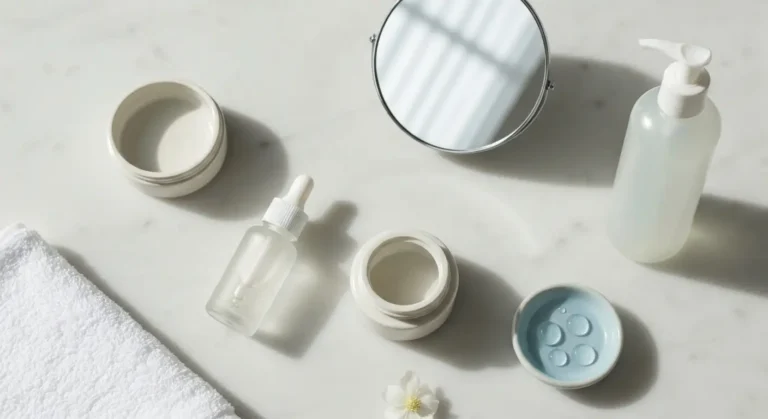 Serum BHA z pipetą, delikatny żel do mycia i kosmetyki na marmurowej toaletce