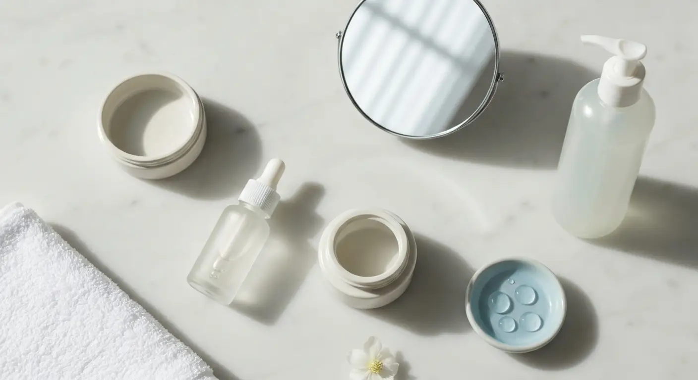 Serum BHA z pipetą, delikatny żel do mycia i kosmetyki na marmurowej toaletce