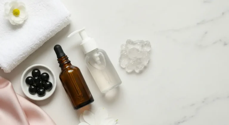 Serum BHA i żel myjący na marmurowej toaletce z delikatnymi dodatkami pielęgnacyjnymi