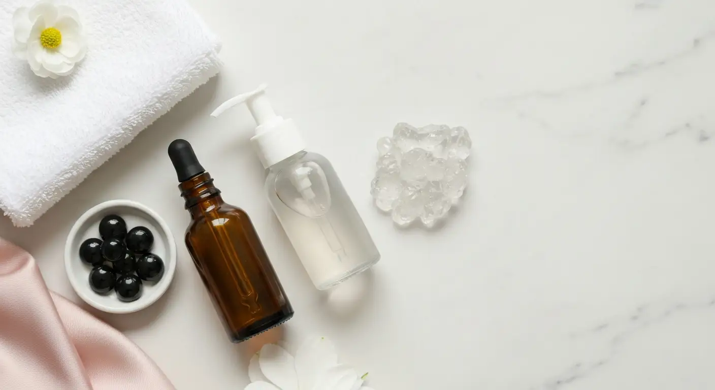 Serum BHA i żel myjący na marmurowej toaletce z delikatnymi dodatkami pielęgnacyjnymi
